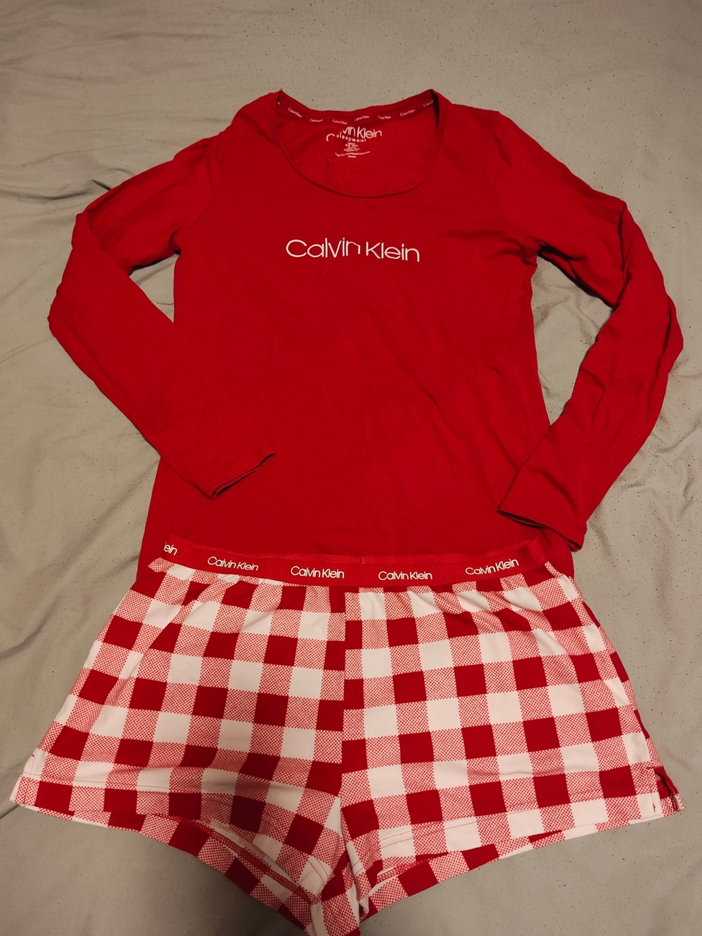 Calvin Klein Red Long-Sleeve Top with Red & White Plaid Shorts